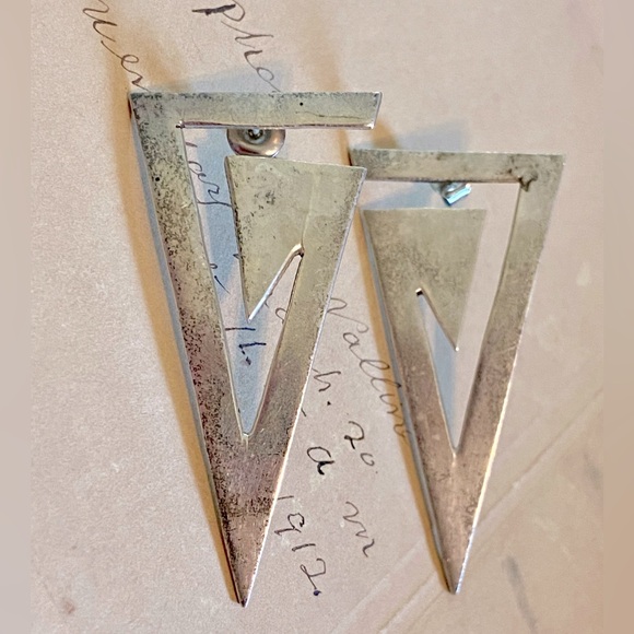 Large Vintage Sterling Silver Taxco Geometric Triangle Pierced Earrings TS-45 - Picture 2 of 11